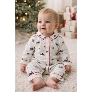 Petite Plume White Holiday Train Print Cotton Romper Baby Sz 3/6M Christmas Soft